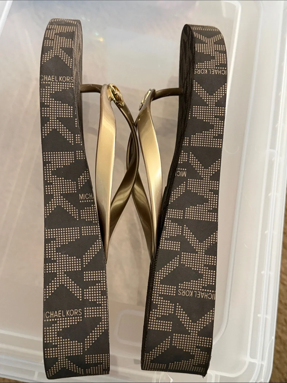 Michael Kors Brown Logo Footbed with Gold Straps Flip Sandals